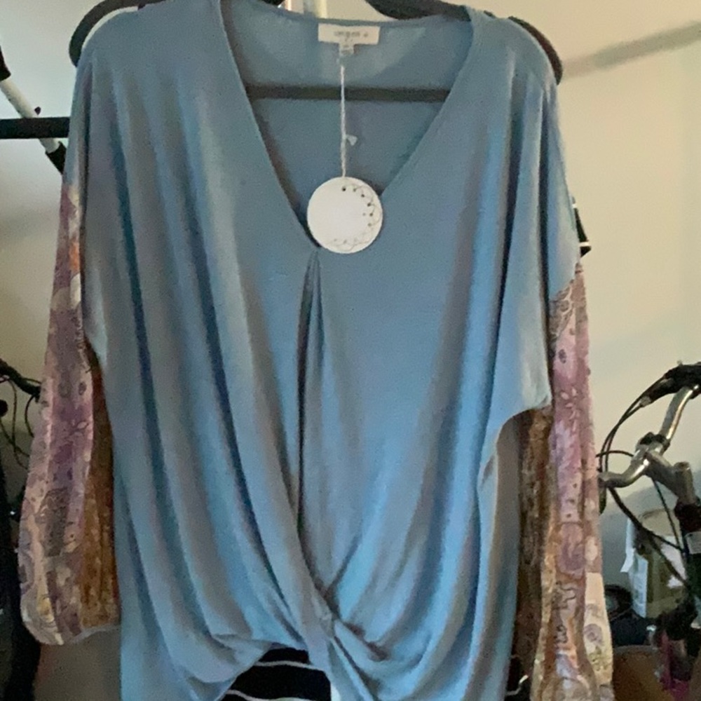 Blue Blouse with Sheer Printed Sleeves